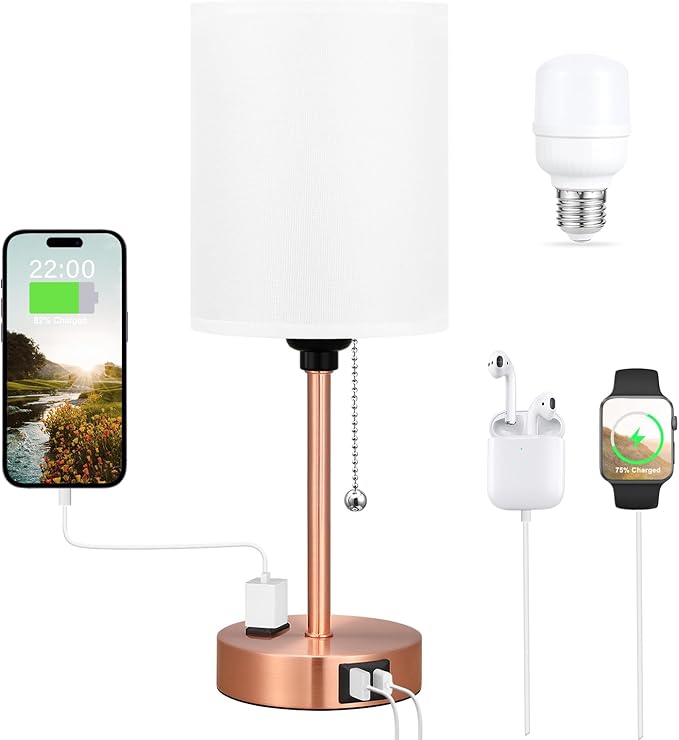 Small Bedside Table lamp for Bedroom - Red Bronze Modern Wedding Gift for Couples, 3 Color Temperatures & USB Ports & AC Outlet, Gold Nightstand Lamps for Reading, Dorm, Office, Living Room, Bathroom