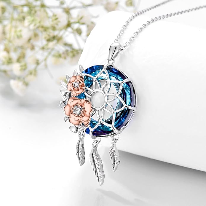 Dream Catcher Pendant Necklace 925 Sterling Silver Synthetic Moonstone Crystal Sunflower Rose Flower Evil Eye Dreamcatcher Cremation Jewelry Gifts for Women Wife Mom