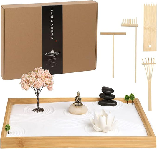 Zen Garden for Desk 11x7.5in, Handmade Sand Art with Tray, Japanese Gift Set, Mini Zen Garden with Bonsai Tree, Home Office Room Decorations, Therapy Kit, Stress Relief Gift