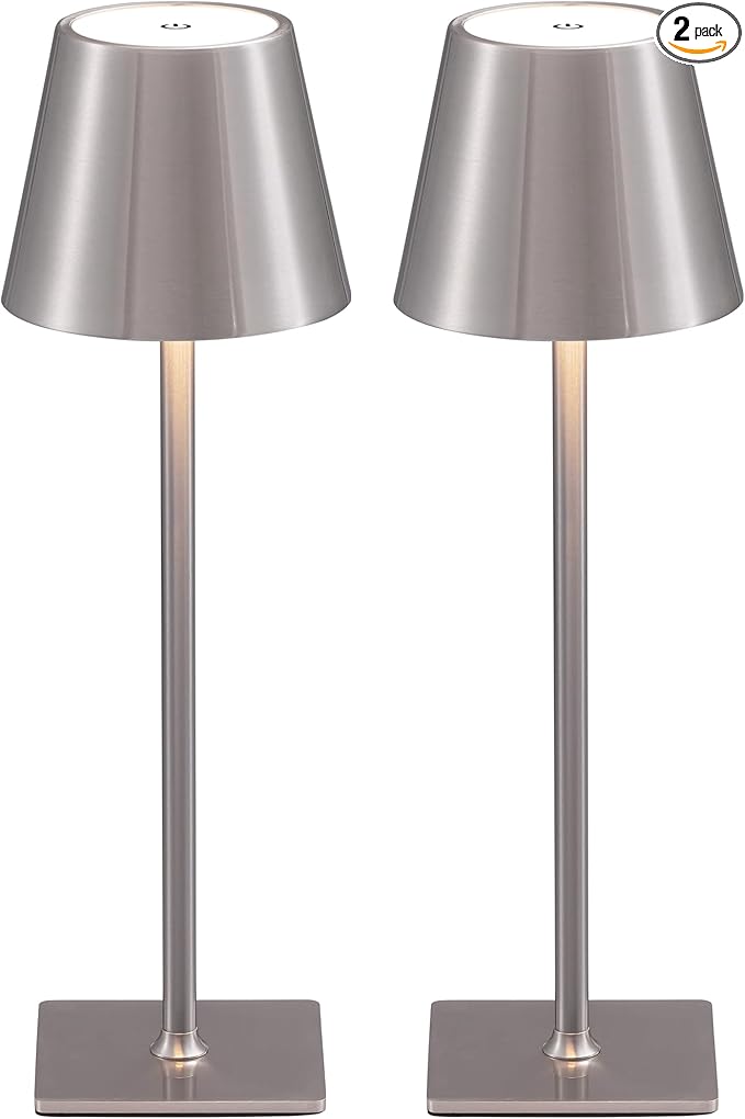 KDG 2 Pack Cordless Table Lamp,Portable LED Desk Lamp, 4000mAh Battery Operated, 3 Color Stepless Dimming Up, for Restaurant/Bedroom/Bars/Outdoor Party/Camping/Coffee Shop Night Light(Brushed Nickel)