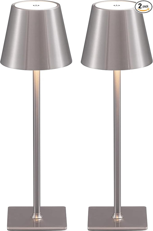 KDG 2 Pack Cordless Table Lamp,Portable LED Desk Lamp, 4000mAh Battery Operated, 3 Color Stepless Dimming Up, for Restaurant/Bedroom/Bars/Outdoor Party/Camping/Coffee Shop Night Light(Brushed Nickel)