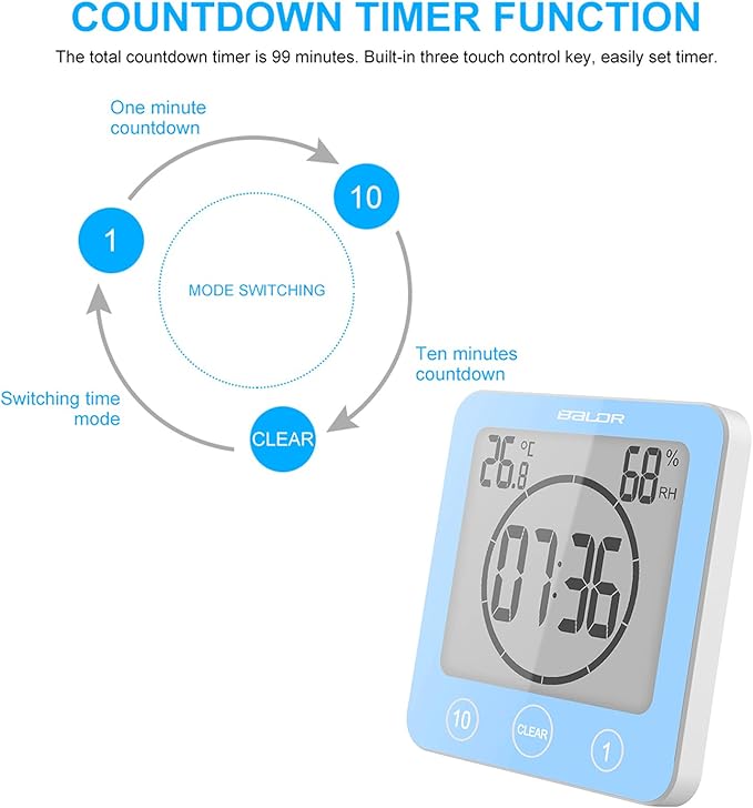 Digital Bathroom Shower Wall Clock Timer, LCD Digital Wall Clock with Suction Waterproof Temperature Humidity Gauge, Touch Screen Timer, Large Countdown Visual Timer Hanging Wall Clock