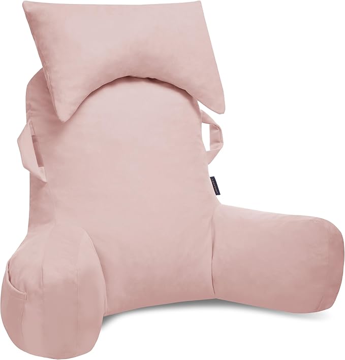 Portable Reading Pillows with Headrest for Bed Sitting Up(Pink Oeko-Tex), Velvet Back Pillow with Arms & Pockets for Adults, Support Memory Foam Bed Pillow for Dorm/Reading/Watching/Gaming