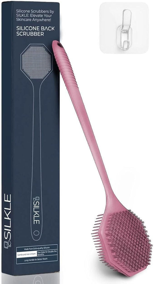 Silicone Back Scrubber with Long Handle - Octagon Body Brush for Shower, Bath, and Exfoliating - Skin Cleansing, Back Scrub and Gentle Silicone Sponge - Wash Your Body with Easy Reach - Pink