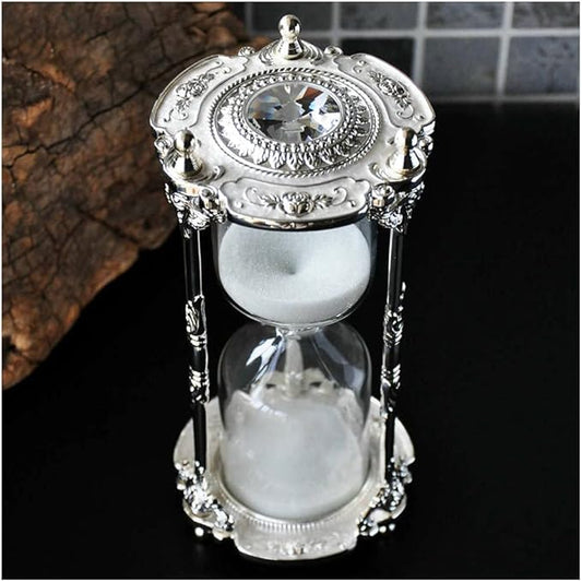 Antique Floral Decorative Hourglass Sand Timer - 15 Minute, Unique Vintage Classic Metal Art Hour Glass for Office Desk Home Decor - Birthday Gift,White