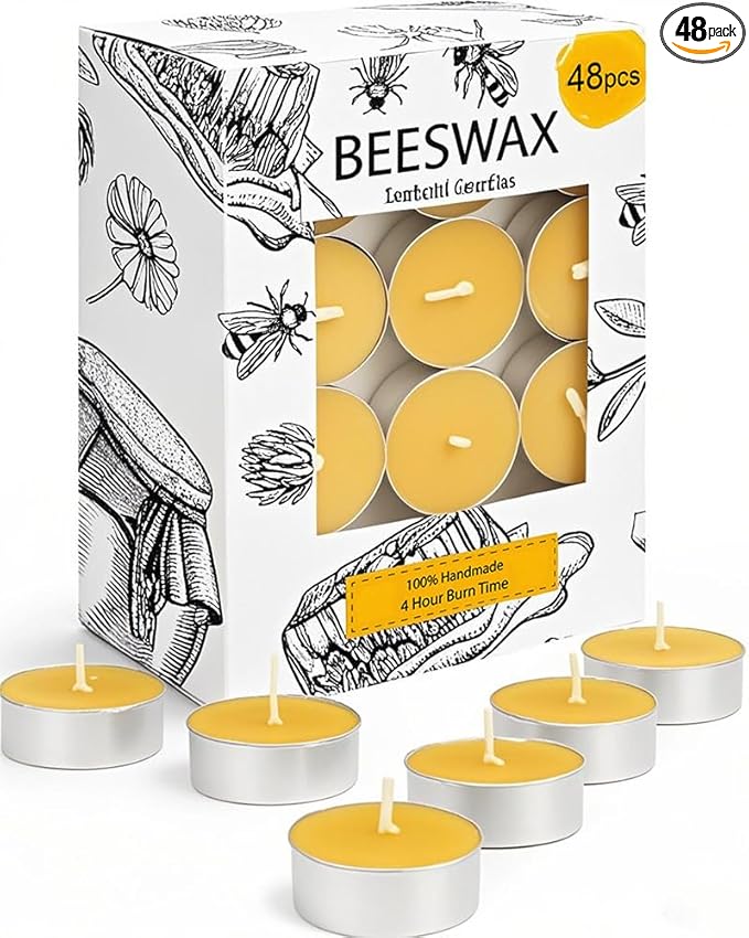 48 Pack Beeswax Tea Candles in Aluminum Cup, 4 Hours Burn Time, Natural Beeswax Tealight Candles for Gift Choice, Home Decor, Air Purification, Honey Scent Pure Bees Wax Tea Lights
