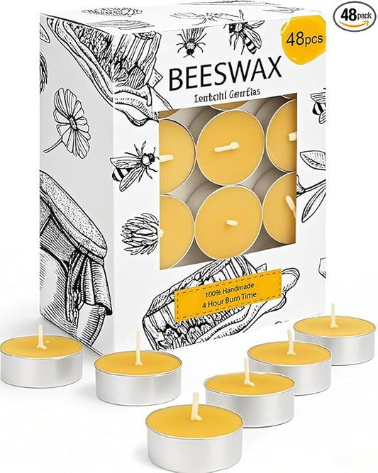 48 Pack Beeswax Tea Candles in Aluminum Cup, 4 Hours Burn Time, Natural Beeswax Tealight Candles for Gift Choice, Home Decor, Air Purification, Honey Scent Pure Bees Wax Tea Lights