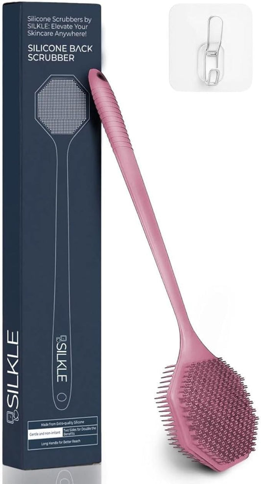 Silicone Back Scrubber with Long Handle - Octagon Body Brush for Shower, Bath, and Exfoliating - Skin Cleansing, Back Scrub and Gentle Silicone Sponge - Wash Your Body with Easy Reach - Rose