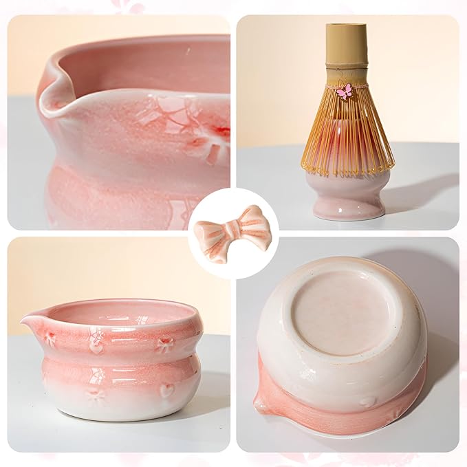Matcha Whisk Set, 8 PCS Ceramic Set Includes 15-OZ Matcha Bowl with Spout, Bamboo Tea Whisk and Stand, Scoop and Spoon. Matcha Kit for Matcha Lovers and Beginners (pink)
