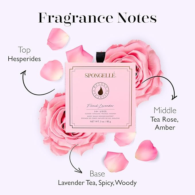 Spongelle Wild Flower Buffer Body Scrubber Bundle with Box | Bath & Shower Loofah for Women | Exfoliator with Body Wash Infused | 14+ uses (Bulgarian Rose, French Lavender, Freesia Pear)