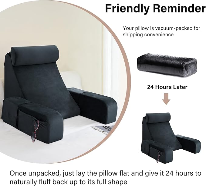 ENITYA Back Pillow for Bed Sitting up, 19" Reading Pillow for Sitting in Bed Adult, Back Support Pillow with Arms for Watching TV/Reading/Gaming/Resting, Medium(Black)