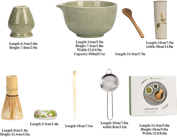 Ceramic Matcha Whisk Set, Complete Matcha Set-8PCS for Ceremonial Grade Matcha, Tea Gifts for Tea Lovers for Christmas, Birthday, Halloween (Matcha Color)