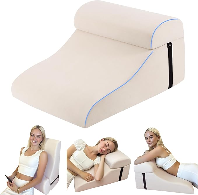 Reading Pillow for Bed Adult, Memory Foam Wedge Pillow Headboard with Adjustable Lumbar Support Backrest Cushion for Sitting in Bed/Resting/Bedrest, Couch or Floor, Beige
