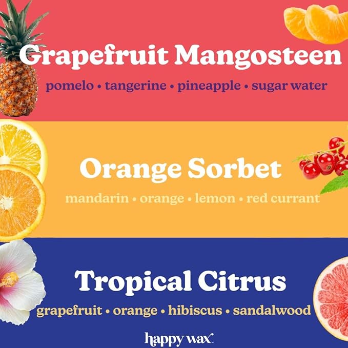 Happy Wax Citrus Mix Natural Soy Wax Melts - 6oz Total - Three 2oz Pouches Including Tropical Citrus, Orange Sorbet & Grapefruit Mangosteen