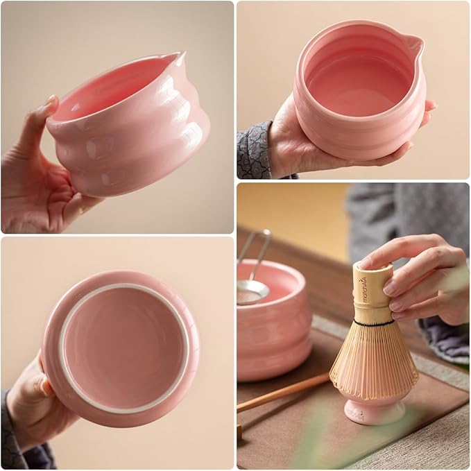 Matcha Whisk Set - Ceramic Bowl, Bamboo Whisk with Holder, Storage Canister, Sifter, Schima Spoon with Rest, Tea Towel - 8 Pcs Complete Kit for Traditional Matcha and Modern Lattes (Pink)