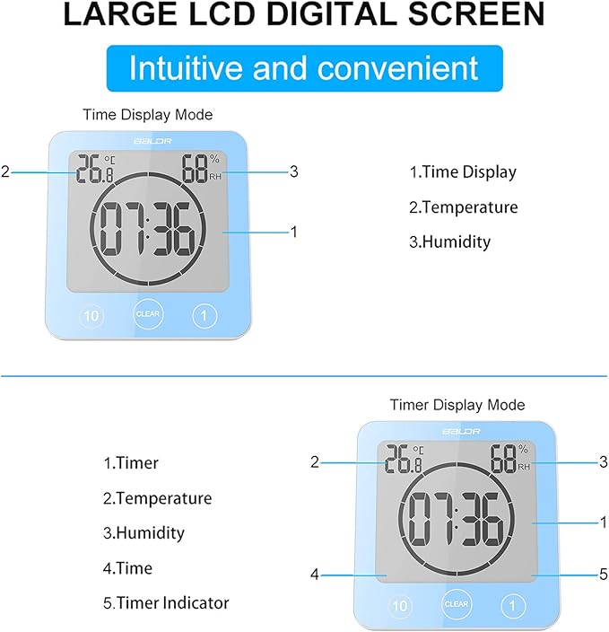 Digital Bathroom Shower Wall Clock Timer, LCD Digital Wall Clock with Suction Waterproof Temperature Humidity Gauge, Touch Screen Timer, Large Countdown Visual Timer Hanging Wall Clock
