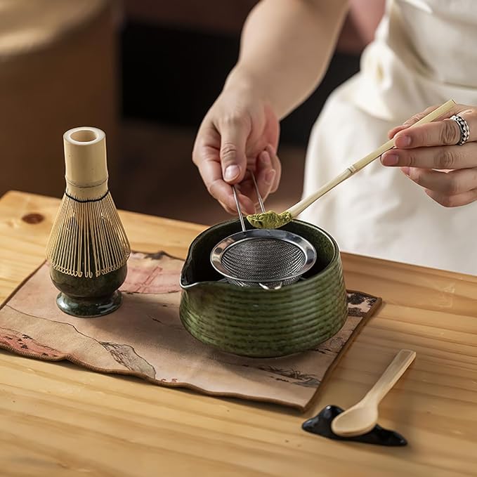 8 Pcs Matcha Whisk Set, Ceramic Matcha Whisk Holder, Ceramic Bowl with Spout, Matcha Ceremony Accessory, Home Kitchen Decor Tea Gifts for Birthdays, Halloween and Christmas (Dark Green)