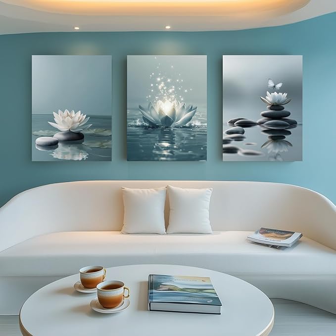 GELDSTEI Calm Zen Botanical Canvas Wall Art, White Lotus Blooming on Stones in Water Aesthetic Pictures, Yoga Spa Meditation Room Decor, Modern Spiritual Poster Prints for Zen Office Framed 16"x24"x3