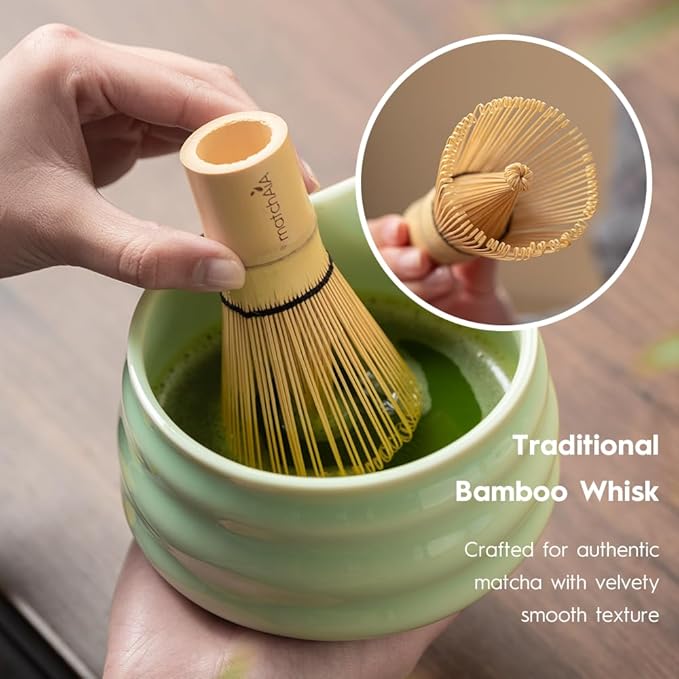 Matcha Whisk Set - Ceramic Bowl, Bamboo Whisk with Holder, Sifter, Schima Spoon, Spoon Rest and Tea Towel - 7 Pcs Complete Kit for Traditional Matcha and Modern Lattes (Green)