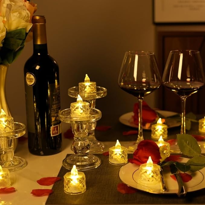 24 Pack Flameless Tea Lights Battery Operated, Crystal LED Tealight, Votive Fake Candles for Valentines Wedding Decorations