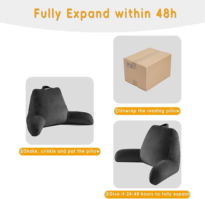 Reading Pillow for Sitting in Bed Adult, Reading Pillow with Shredded Memory Foam, Back Pillow for Bed Sitting Up with Extend Arms, Pockets, Pillow with Washable Cover,Black, X-Large