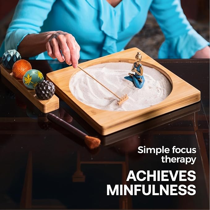 Zen Garden for Desk - 11" Bamboo Sand Tray Therapy Kit | Meditation Gift | Sensory-Based Wellness Tool for Mindfulness & Emotional Support | Zen Decor