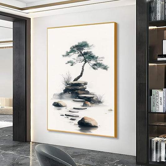 Zen Garden Canvas Wall Art, Zen Stone Canvas Wall Art, Zen Pictures Wall Art, Japanese Canvas Wall Art, Meditation Wall Art, Framed Canvas Print, Wall Art for Living Room, Zen Room (Gold Framed, 39"x59"|100x150cm)