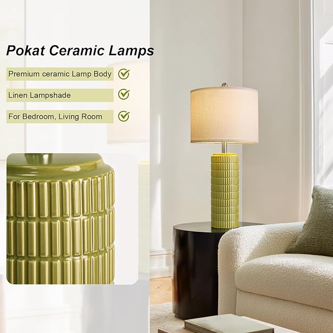PoKat 27.5'' Tall Table Lamps for Living Room Set of 2, Mid Modern Century Ceramic Bedroom Lamps for Night Stands, Bedside Lamps for Bedroom, Nightstand Lamps for Side End Table Hallway, Green