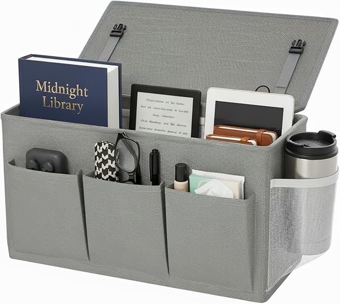 Bedside Caddy Organizer,Bed Hanging Storage Bag for Dorm Utility Carts Bed Rails,Book Phone Magazine Holder(6 Pockets,Grey)