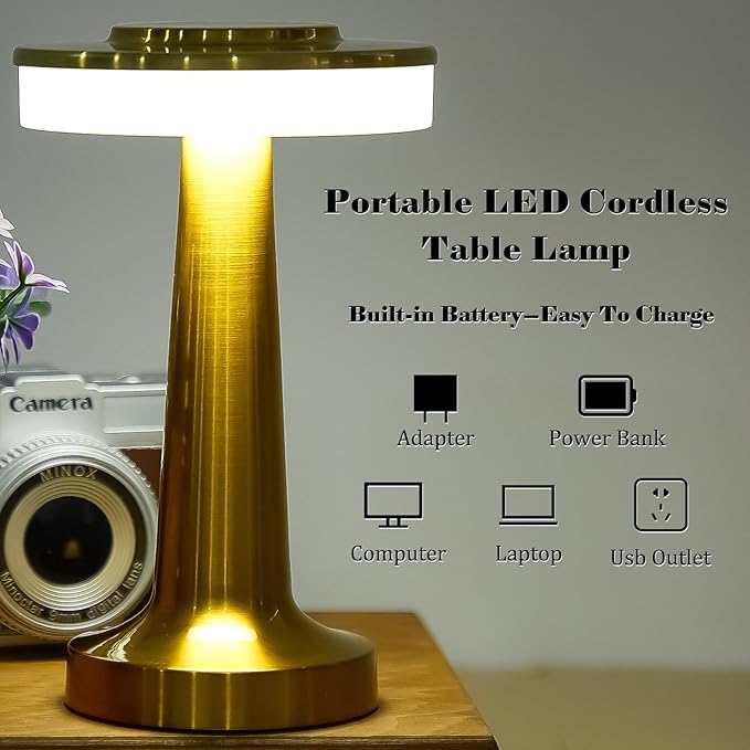 VIHOSE 12 Pcs Gold Cordless Table Lamps LED Portable Rechargeable Table Lamp with Touch Sensor 3 Color Dimming up to 15 Hours Battery Desk Light for Restaurant Nursery Living Room