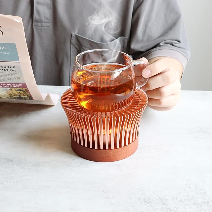 Tea Warmer with Magnolia Flower Design, JUKFITA Rose Gold Aluminum Alloy & Wood Teapot Warmer, Tall