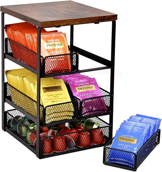 Tea Bag Organizer with 5 Drawers, Wooden & Metal Tea Storage Organizer for TeaBags, Coffee Pods, Creamers & Sugar – Countertop Tea Bag Holder for Coffee Bar and Kitchen, Space-Saving Tea Storage Rack
