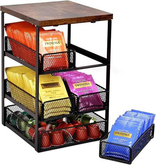 Tea Bag Organizer with 5 Drawers, Wooden & Metal Tea Storage Organizer for TeaBags, Coffee Pods, Creamers & Sugar – Countertop Tea Bag Holder for Coffee Bar and Kitchen, Space-Saving Tea Storage Rack