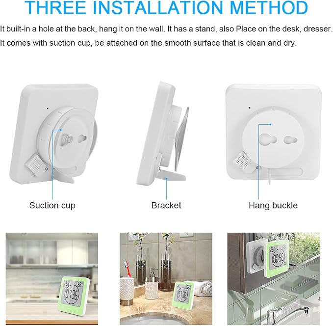 Digital Bathroom Shower Wall Clock Timer, LCD Digital Wall Clock with Suction Waterproof Temperature Humidity Gauge, Touch Screen Timer, Large Countdown Visual Timer Hanging Wall Clock (Green)