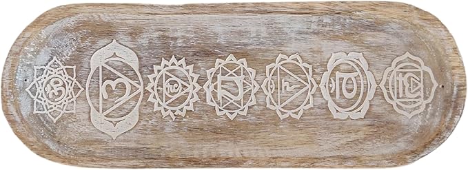 VANIYA CRAFTS® Wooden Handmade Symols Design Boat Shape Incense Holder Stand Insence Tray for Sticks Home Decor Restaurant (11X4,Antique White)