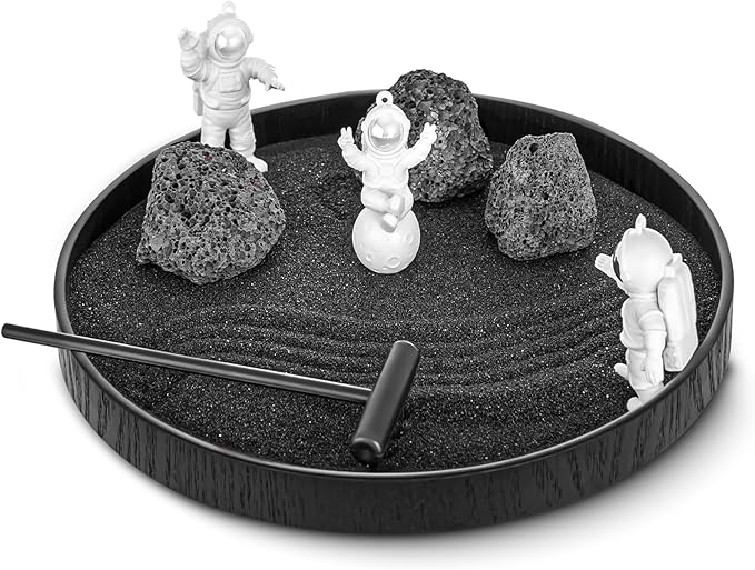 Space Zen Garden for Desk – 8.2" Round Mini Desktop Sand Garden with Astronauts, Black Sand, Stones & Rake Relaxation & Mindfulness Decor for Home Office, Unique Decoration Gifts for Family and Friend
