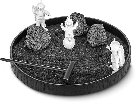 Space Zen Garden for Desk – 8.2" Round Mini Desktop Sand Garden with Astronauts, Black Sand, Stones & Rake Relaxation & Mindfulness Decor for Home Office, Unique Decoration Gifts for Family and Friend