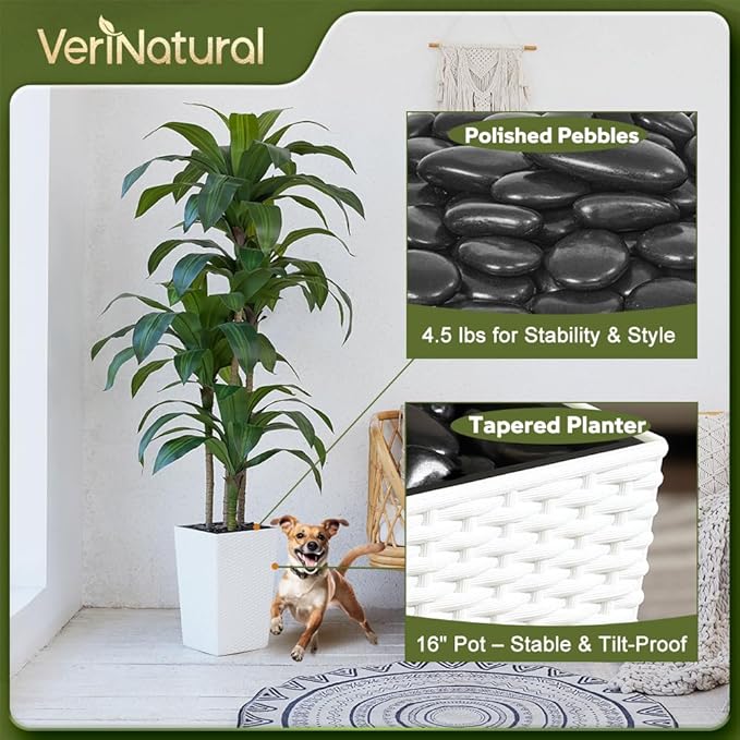 Artificial Dracaena Tree 6FT - Fake Tree with White Taper Planter & Pebbles - UV Resistant Faux Yucca Tropical Plant - Artificial Trees for Home Office Living Room Decor Indoor Outdoor