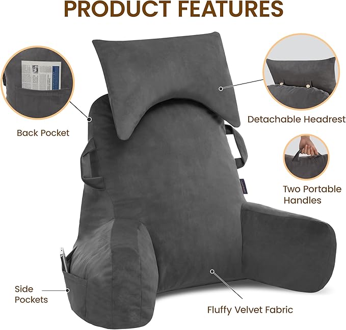 Portable Reading Pillows with Headrest for Bed Sitting Up(Light Grey Oeko-Tex), Velvet Back Pillow with Arms & Pockets for Adults, Support Memory Foam Bed Pillow for Dorm/Watching/Gaming