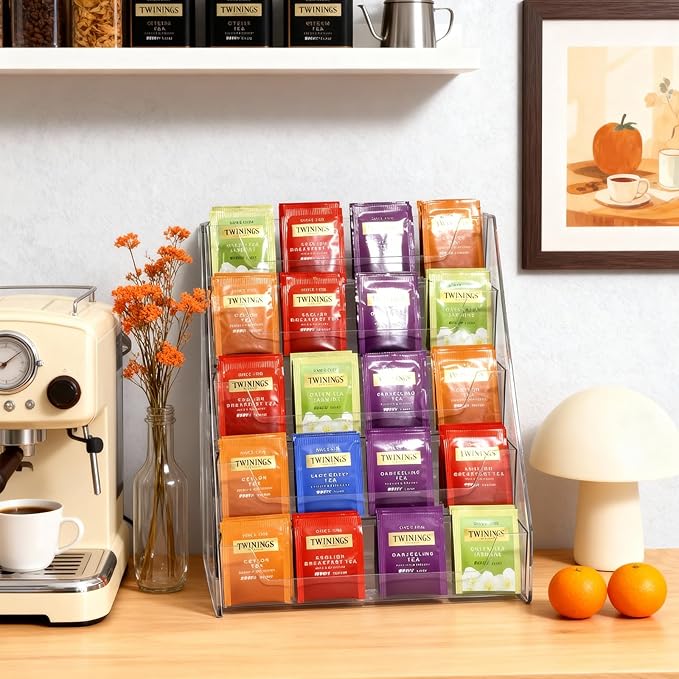 Tea Bag Organizer 5 Tier Tea Storage, Acrylic Tea Storage Chests for Kitchen, Office, Countertop, Cabinet Pantry, Tea Bag, Coffee, Sugar Packets, Creamers Holder