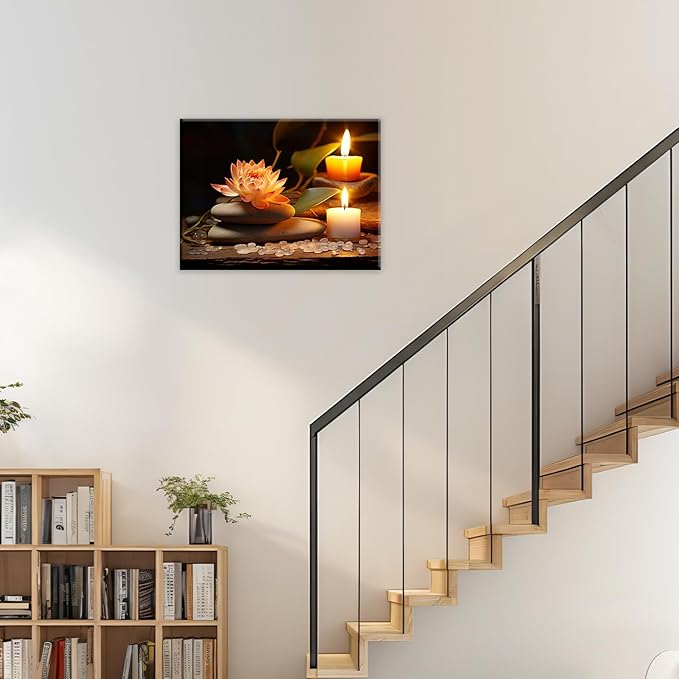 Zen Canvas Wall Art Lotus Flower Stone Painting Framed Spiritual Artwork Meditation Decor for Living Room Bedroom Ready To Hang(Artwork-2,16"x24")