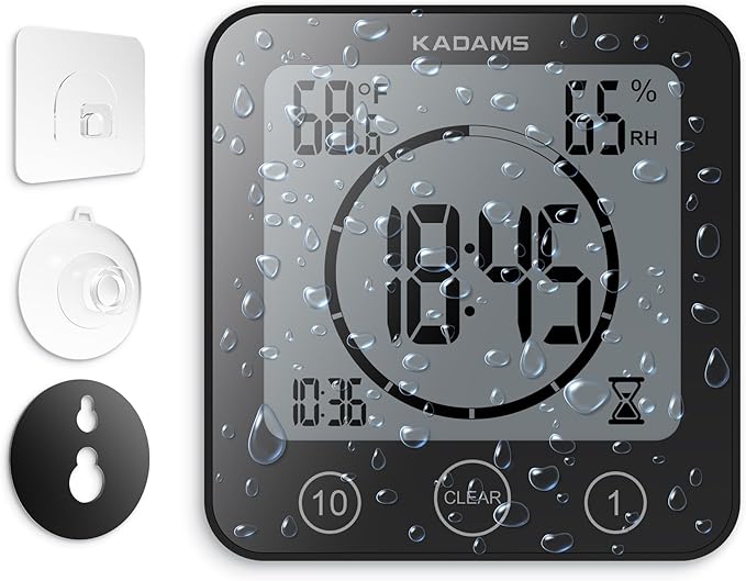 KADAMS Shower Clock Waterproof Bathroom Timer – Digital Wall Clock with Countdown, Magnetic Kitchen Clock with Temperature & Humidity, Suction Cup for Kids Shower Spa Sauna Cook Bath (Black)