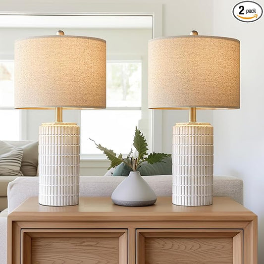 PoKat 23" Modern Ceramic Table Lamp Set of 2 for Living Room White Desk Lamps for Bedroom Farmhouse Bedside Nightstand Bedside Lamp End Table Lamps Beige