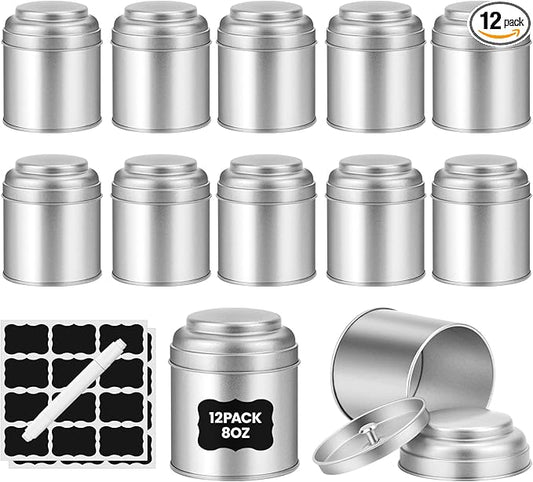 TRISCO Tea Tin with Airtight Double Lids for Loose Leaf Tea Storage, 8 Oz Kitchen Small Tin Can and Tea Canister for Tea Coffee Sugar Candy Spices (12 Pcs)