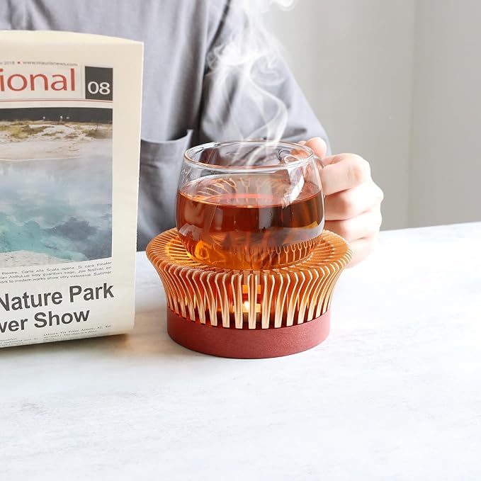 Tea Warmer with Magnolia Flower Design, JUKFITA Golden Aluminum Alloy & Wood Teapot Warmer, Short