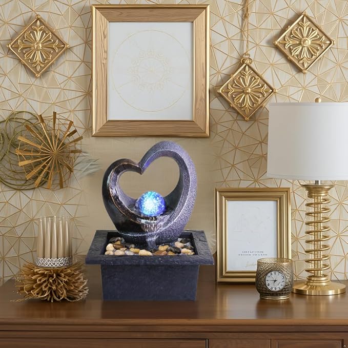 Ferrisland Tabletop Water Fountain, Zen Meditation Indoor Waterfall Fountain, Heart Shape Decoration with LED Light for Home Office Bedroom Relaxation Decor, Gift Ideas