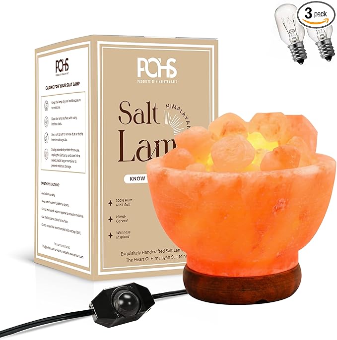 POHS Himalayan Pink Salt Fire Bowl Lamp with Salt Crystal Chunks, dimmable Switch Electrical Cord, with Replaceable Bulbs, Premium Wood Base
