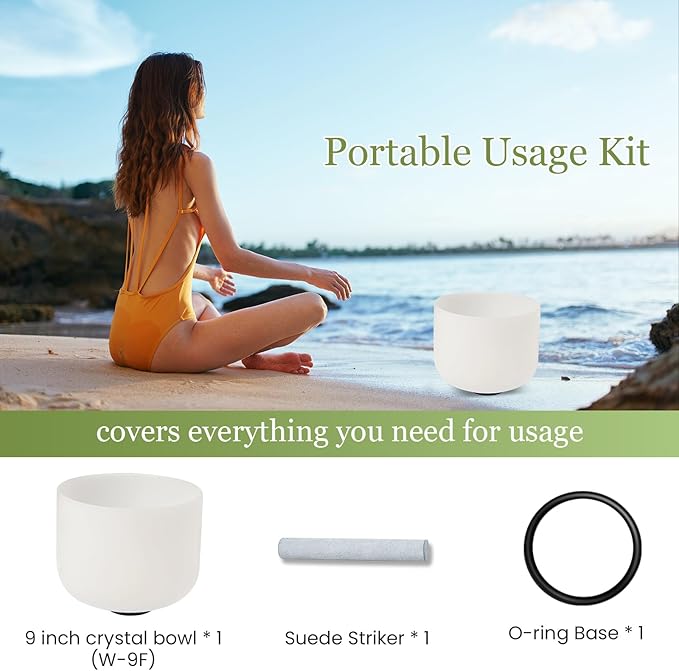 432HZ 9 Inchs Frosted Crystal Singing Bowl Set for Meditation Healing Yoga Chakra Quartz Crystal Sound Bowls with Heavy Duty Carry Case and Rubber Mallet,Suede Striker,O-rings