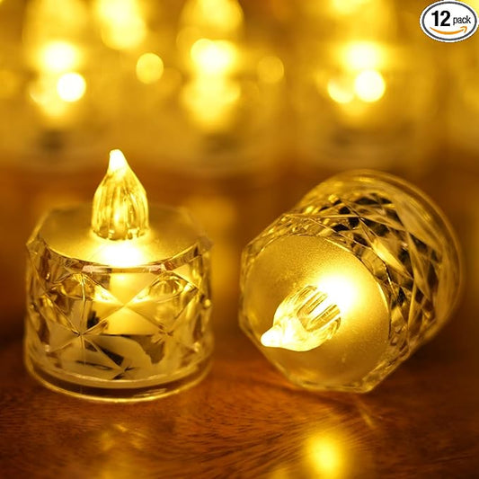 12 Pack Crystal LED Tea Light Candles, Battery Operated, Flameless, Kids & Pets Friendly, Long Battery Life, Modern Design for Decoration, Wedding, Party, Dating, Festival Celebration, Dinner
