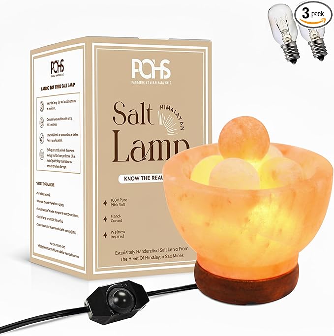 POHS Himalayan Pink Salt Fire Bowl Lamp with 5 Massage Balls, dimmable Switch Electrical Cord, with Replaceable Bulbs, Premium Wood Base.